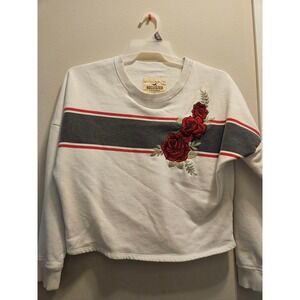Hollister Womens White Cropped Sweatshirt Red Rose Embroidery Striped Size M